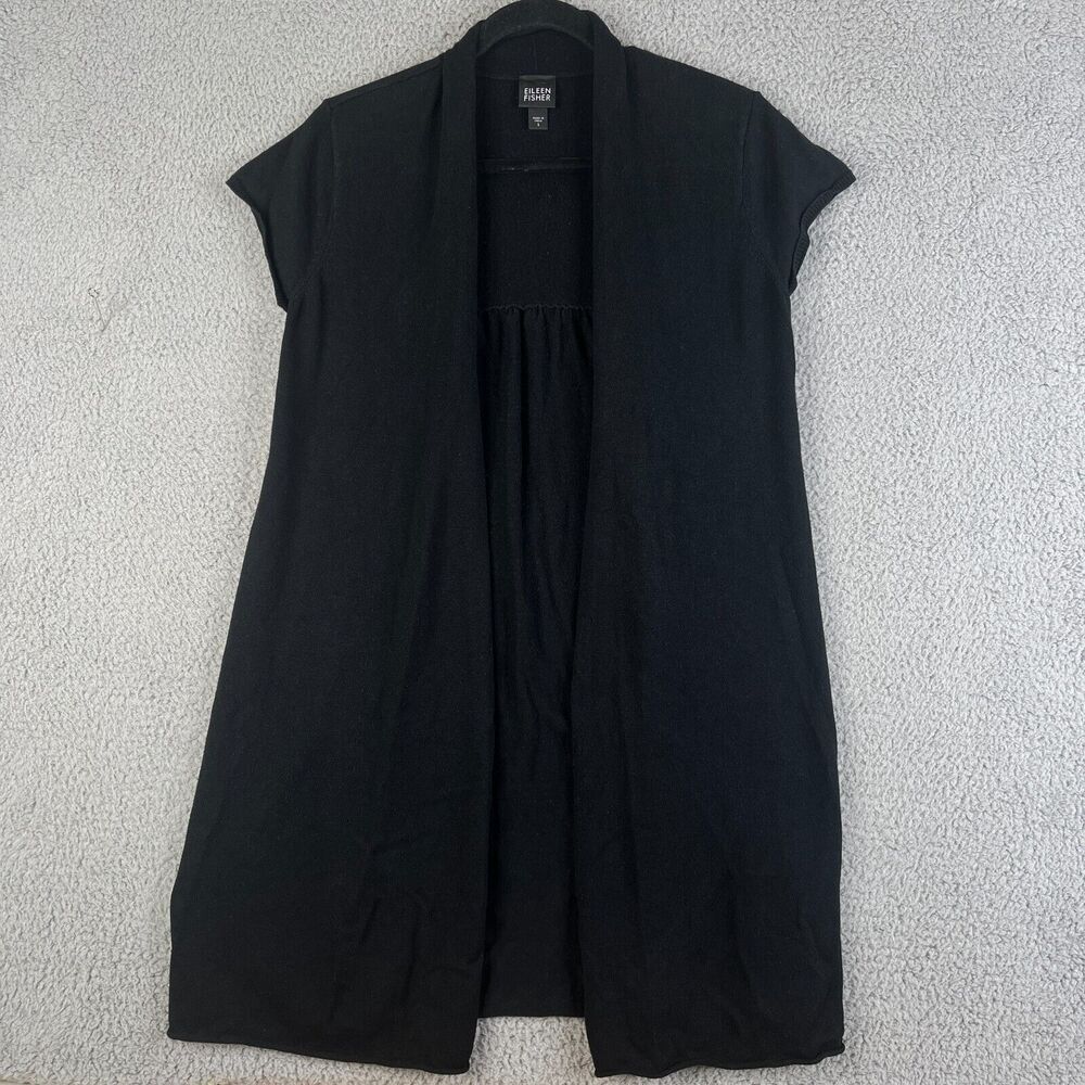 EILEEN FISHER Cardigan Sweater Women S Black Open Front Cashmere Silk Lightweigh
